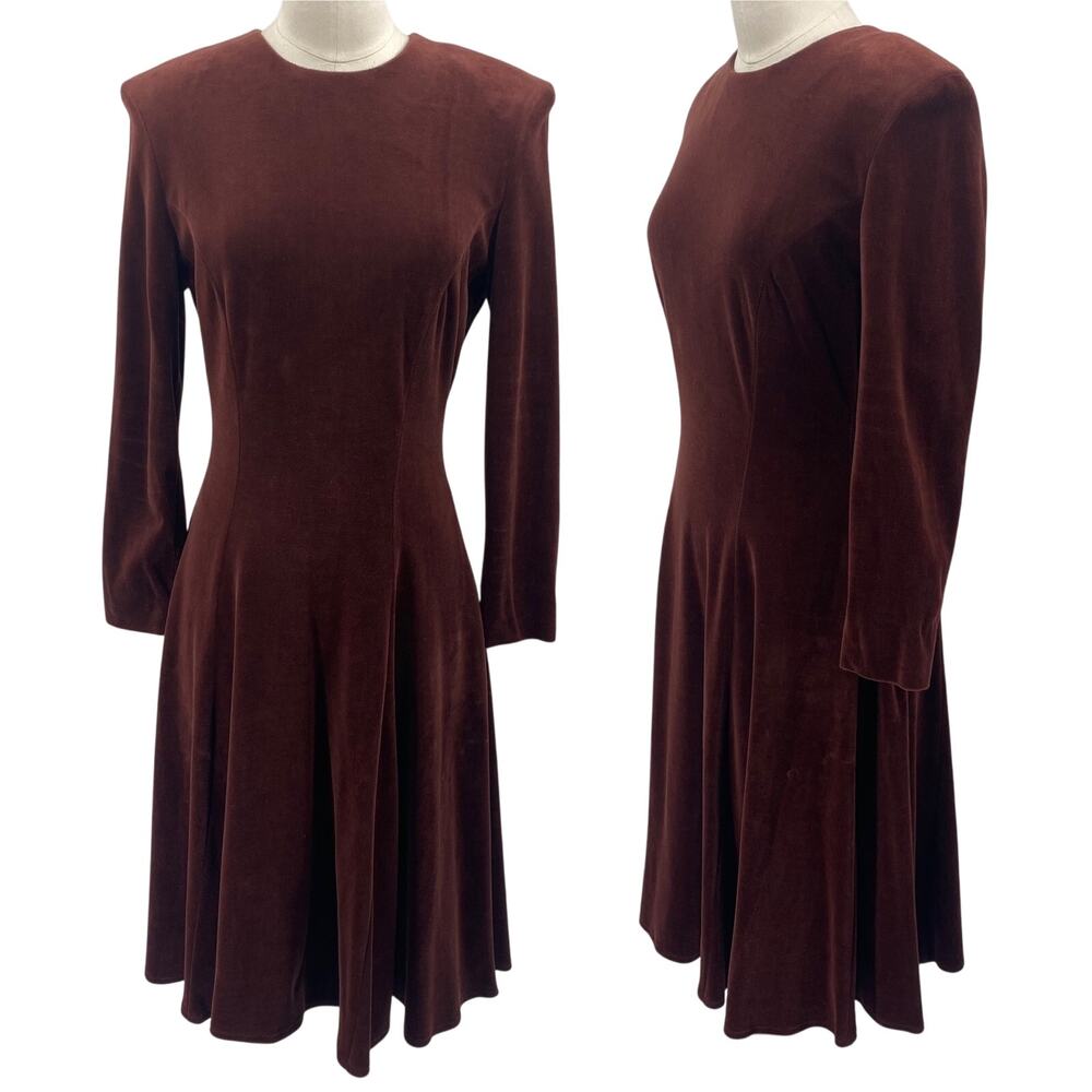 Vintage 80s Velvet Midi Dress Long Sleeve Fit & Flare Made in USA Brown Womens S